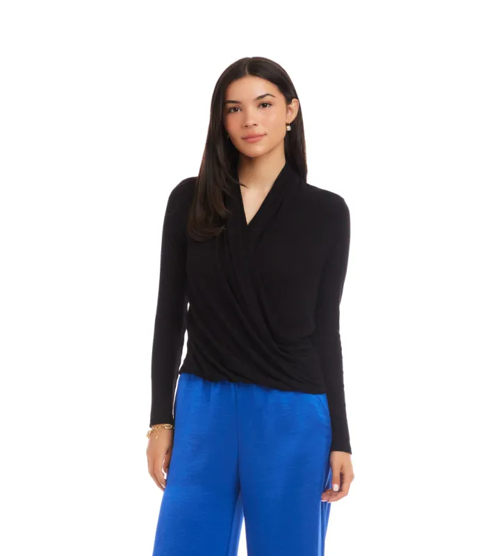 Long Sleeve Ribbed Drape Front Crossover Top made by Karen Kane