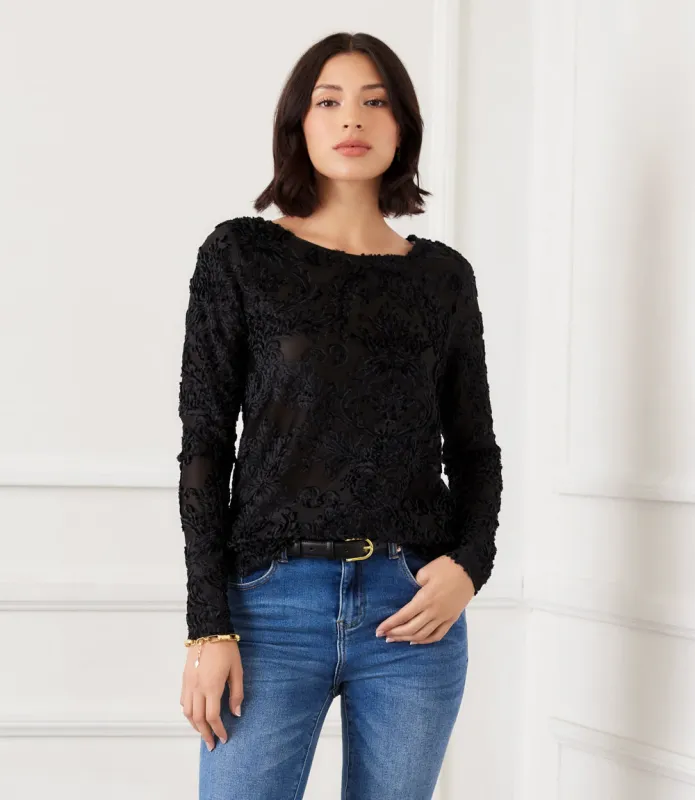 Long Sleeve Velvet Jacquard Shirttail Top made by Karen Kane