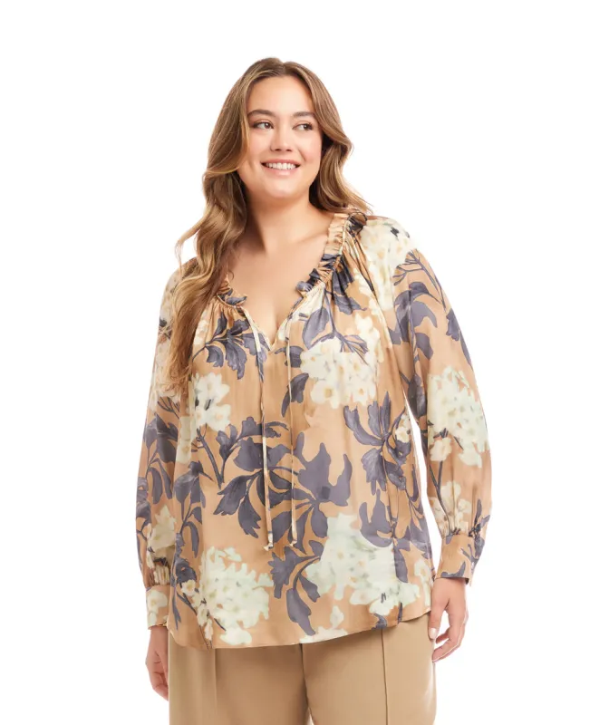 Plus Size Long Sleeve Ruffle Neck Peasant Top sold by Karen Kane