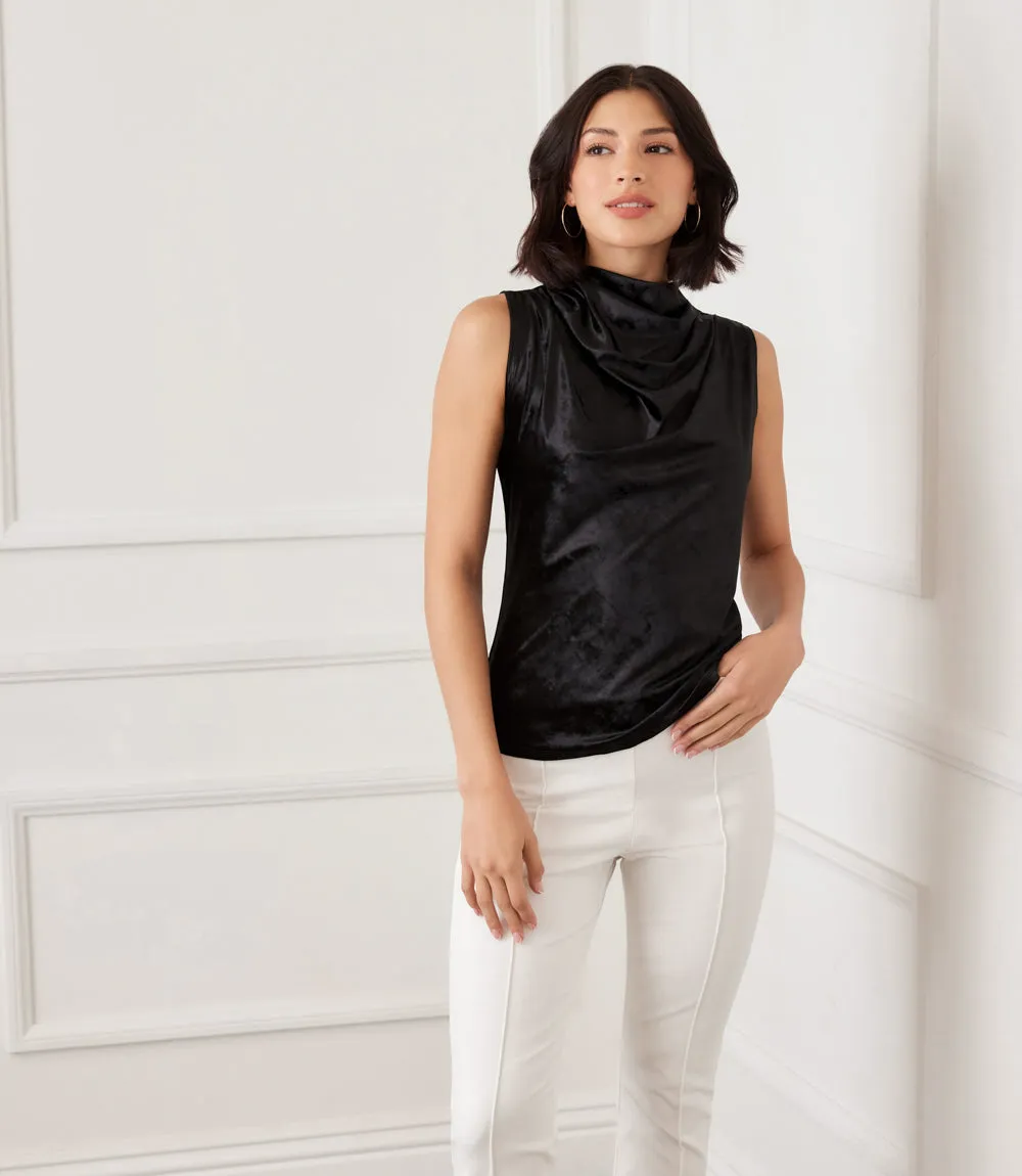 Sleeveless Crushed Velvet Drape Front Top sold by Karen Kane