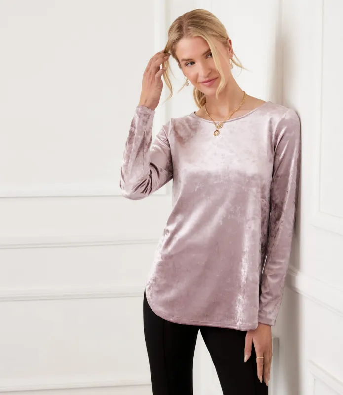 Long Sleeve Crushed Velvet Shirttail Top sold by Karen Kane
