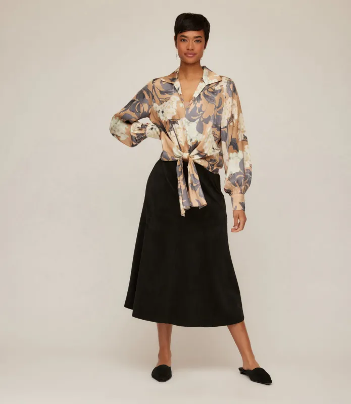 Petite Size Blouson Sleeve Satin Tie-Front Top sold by Karen Kane