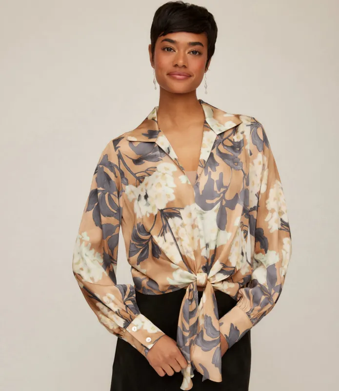 Blouson Sleeve Satin Tie-Front Top sold by Karen Kane