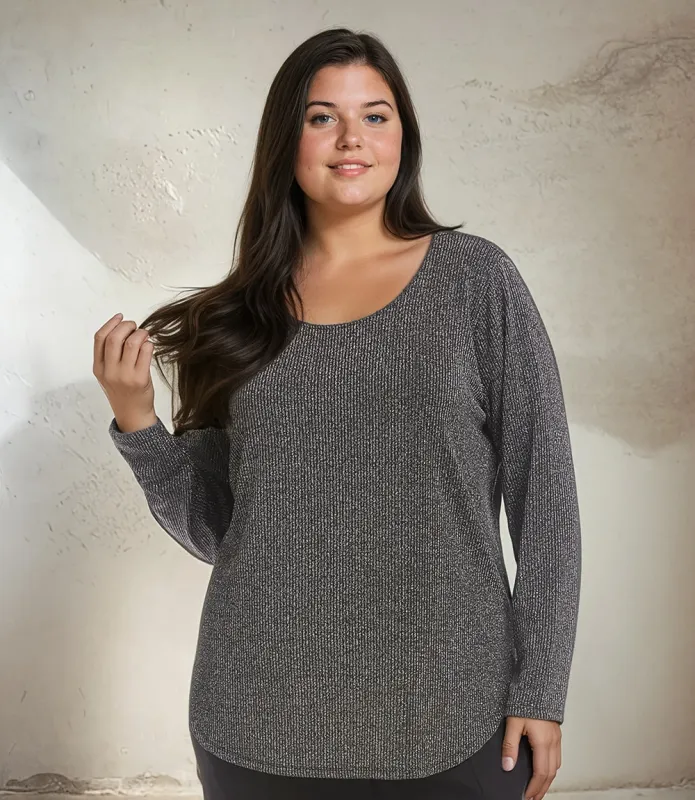 Plus Size Long Sleeve Metallic Stripe Knit Shirttail Top made by Karen Kane