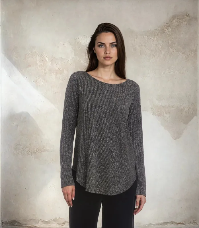 Petite Size Long Sleeve Metallic Stripe Shirttail Top made by Karen Kane