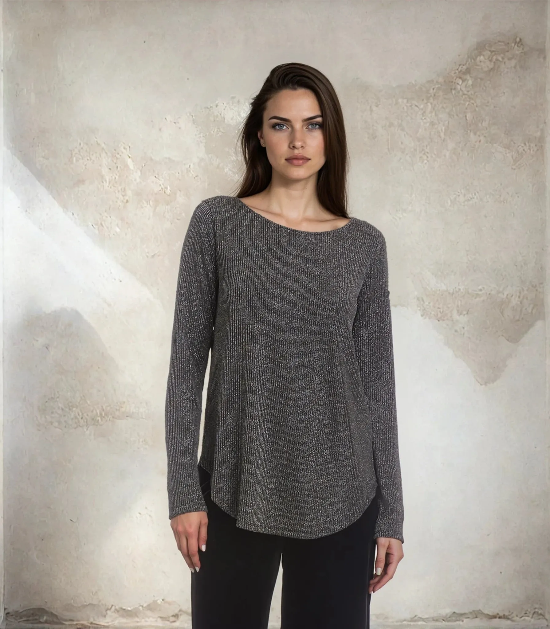 Petite Size Long Sleeve Metallic Stripe Shirttail Top sold by Karen Kane