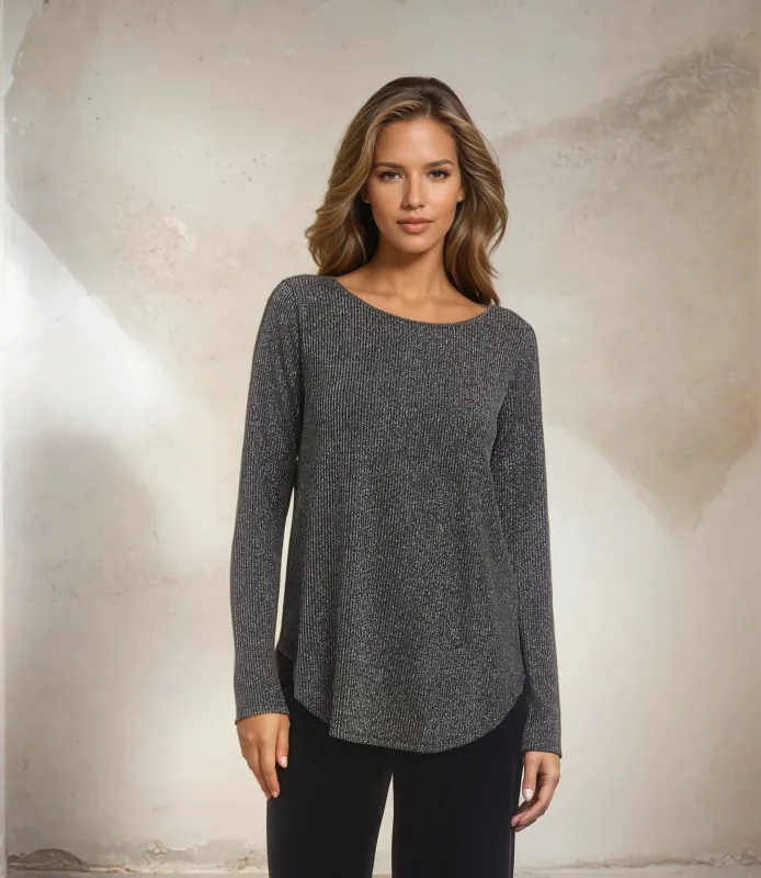 Long Sleeve Metallic Stripe Shirttail Top made by Karen Kane