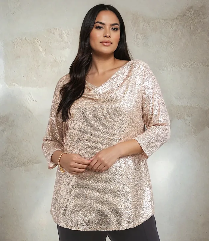 Plus Size 3/4 Sleeve Drape Front Sequin Top made by Karen Kane