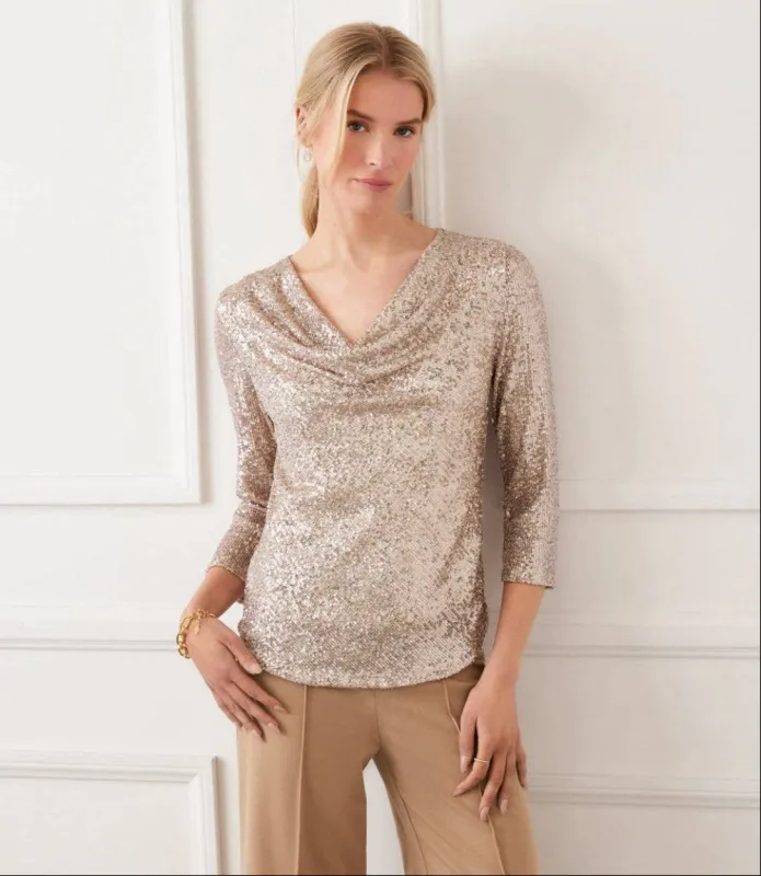 Petite Size 3/4 Sleeve Drape Front Sequin Top sold by Karen Kane