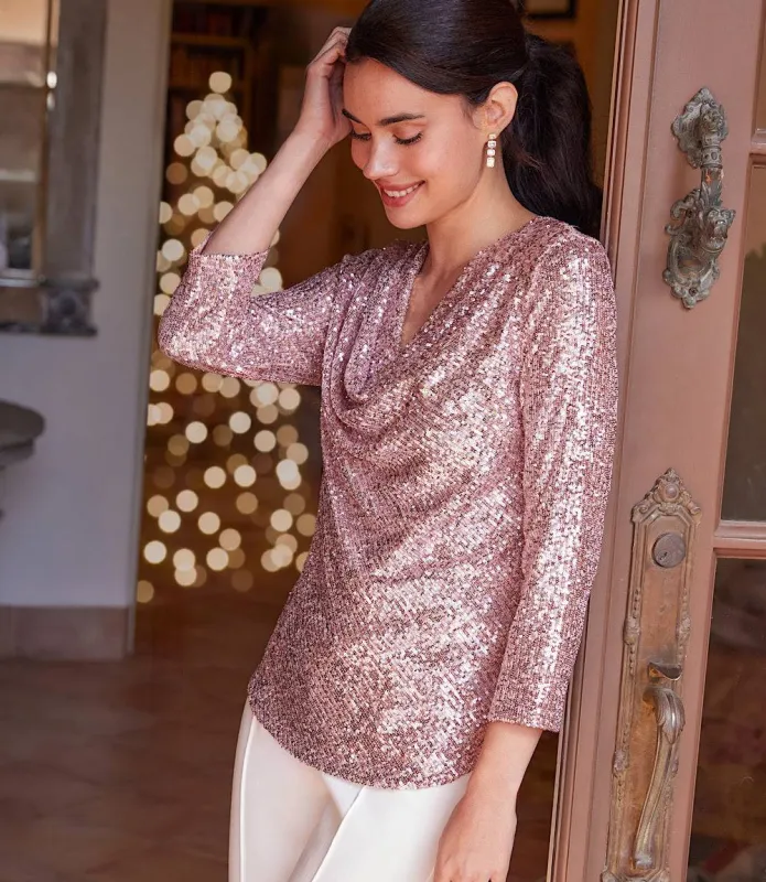 3/4 Sleeve Drape Front Sequin Top sold by Karen Kane