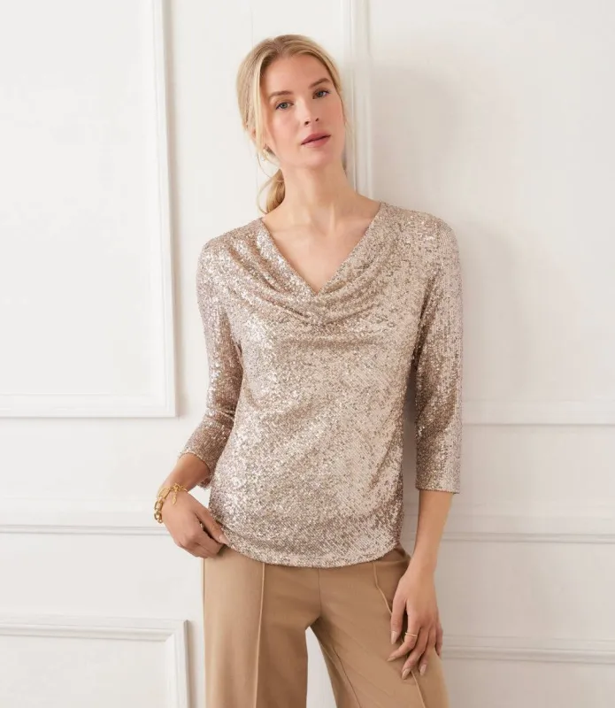 3/4 Sleeve Drape Front Sequin Top sold by Karen Kane