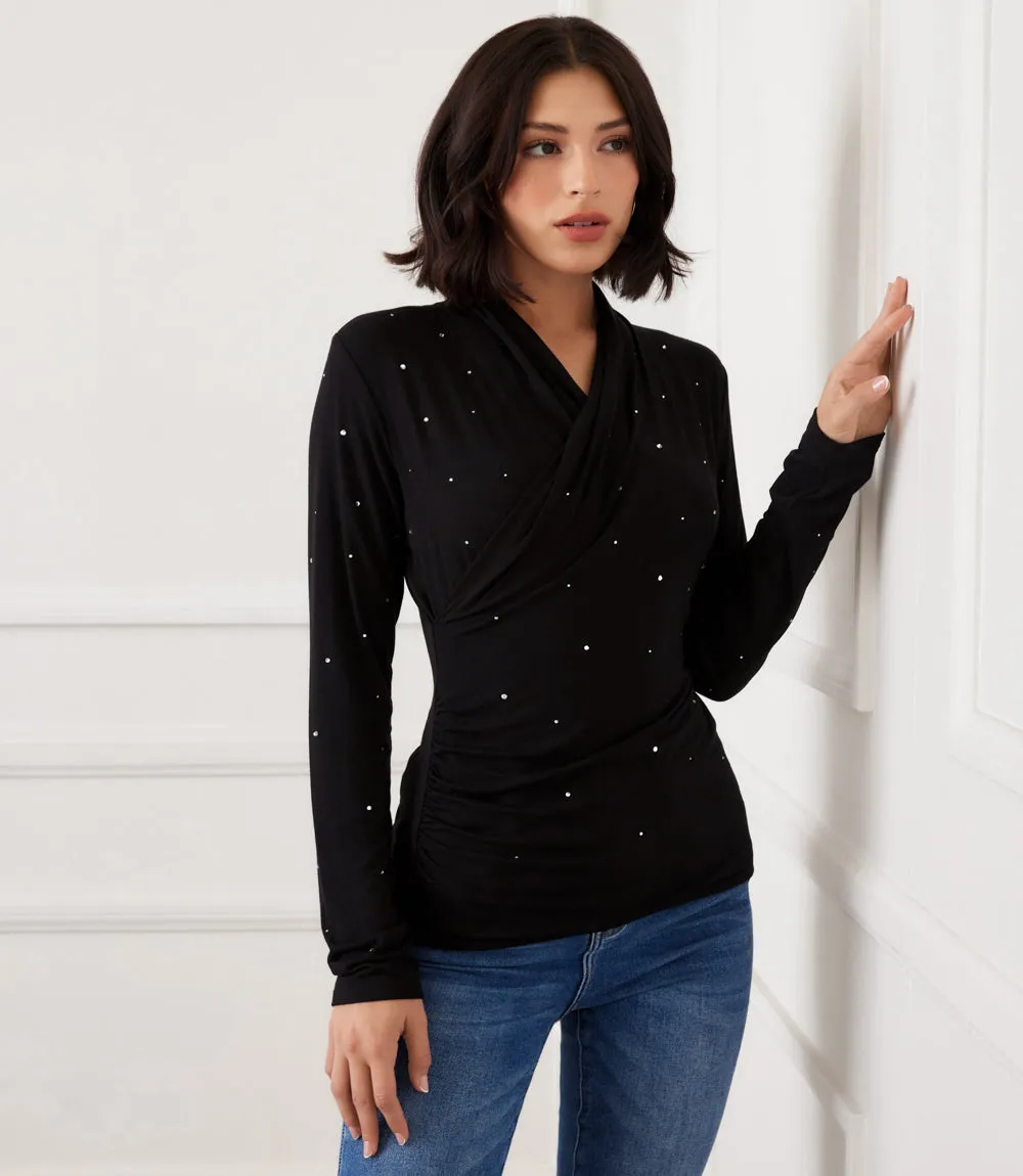Petite Size Long Sleeve Embellished Drape Front Crossover Top sold by Karen Kane