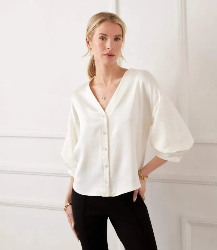 Lantern Sleeve Crystal Rhinestone Button Satin Top sold by Karen Kane