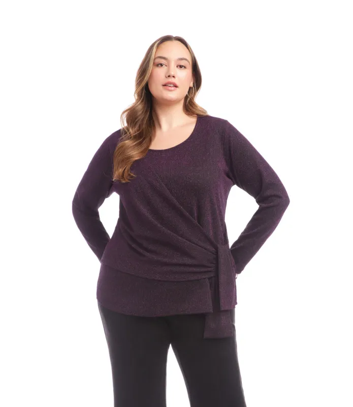 Plus Size Long Sleeve Metallic Knit Side-Tie Top sold by Karen Kane