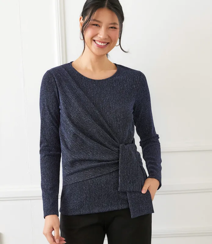 Long Sleeve Metallic Knit Side-Tie Top sold by Karen Kane