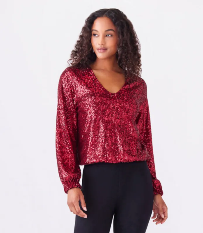 Blouson Sleeve Sequin V-Neck Top sold by Karen Kane