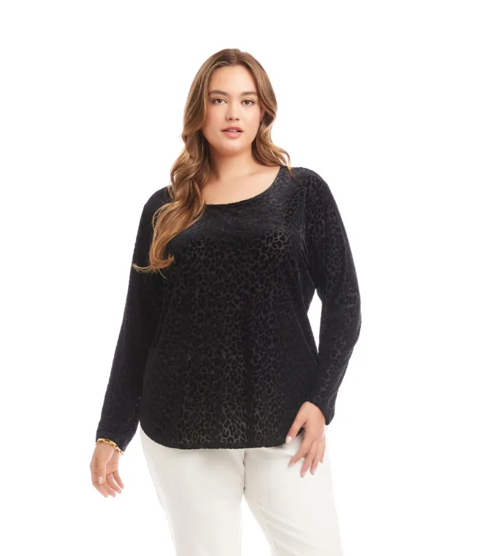Plus Size Long Sleeve Velvet Burnout Shirttail Top sold by Karen Kane