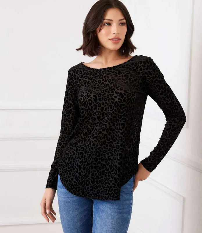Long Sleeve Velvet Burnout Shirttail Top sold by Karen Kane