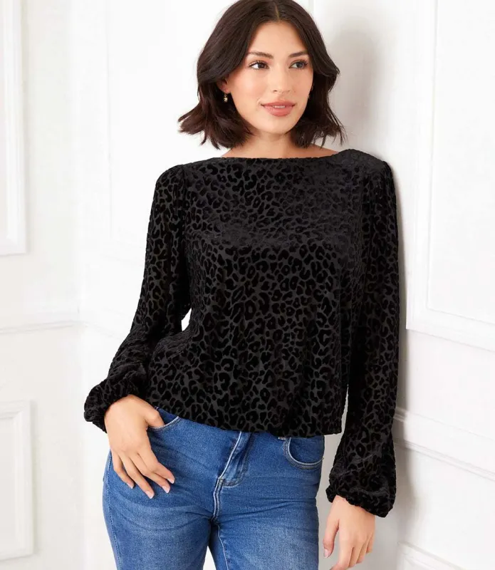 Blouson Sleeve Velvet Burnout Boatneck Top sold by Karen Kane