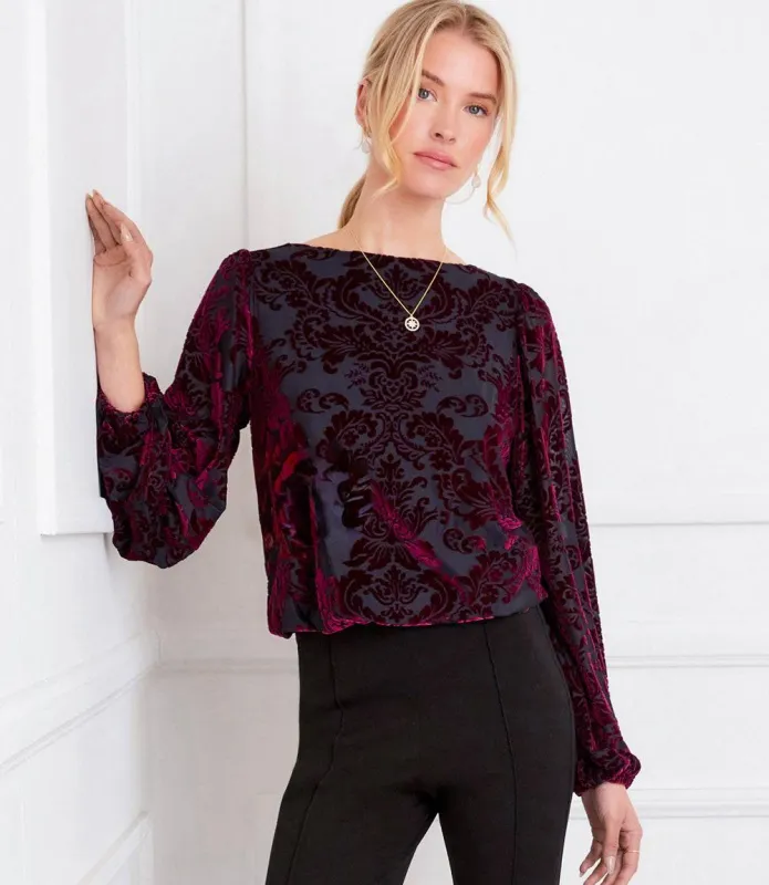 Blouson Sleeve Velvet Burnout Boatneck Top sold by Karen Kane