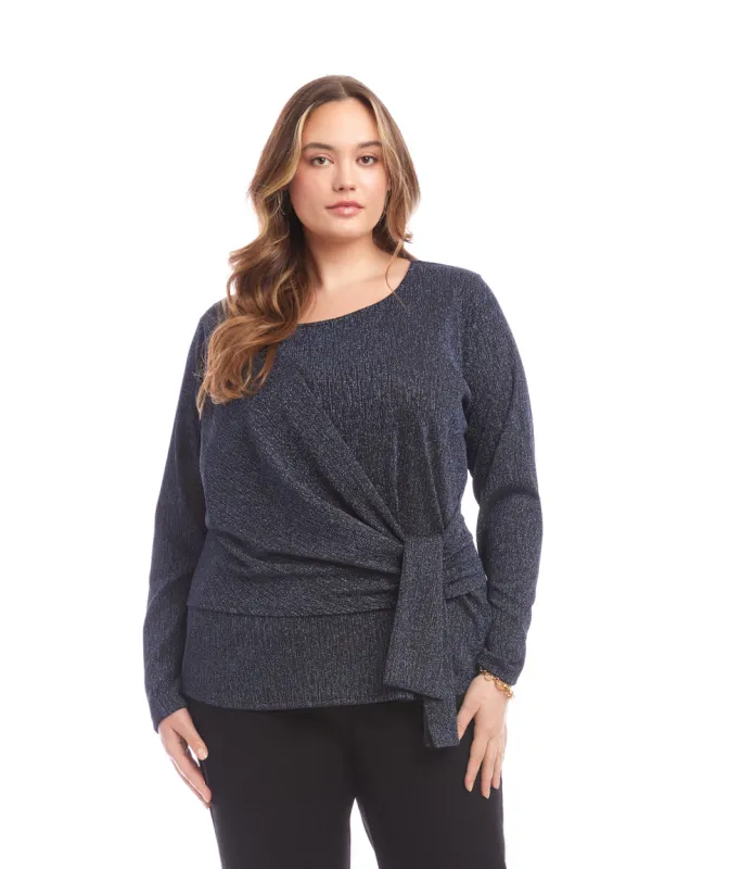 Plus Size Long Sleeve Metallic Knit Side-Tie Top sold by Karen Kane