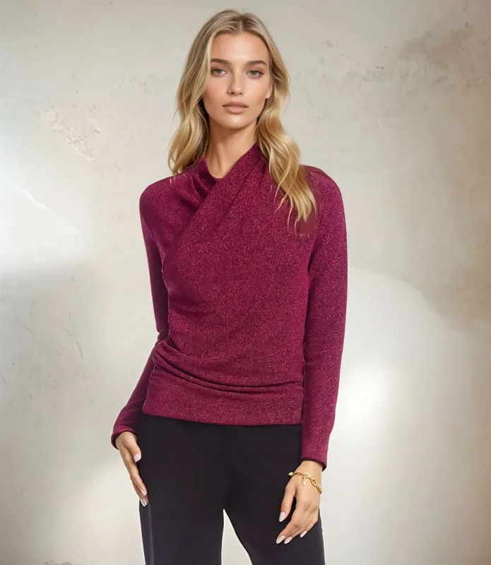 Petite Size Long Sleeve Metallic Crossover Side-Shirred Top made by Karen Kane