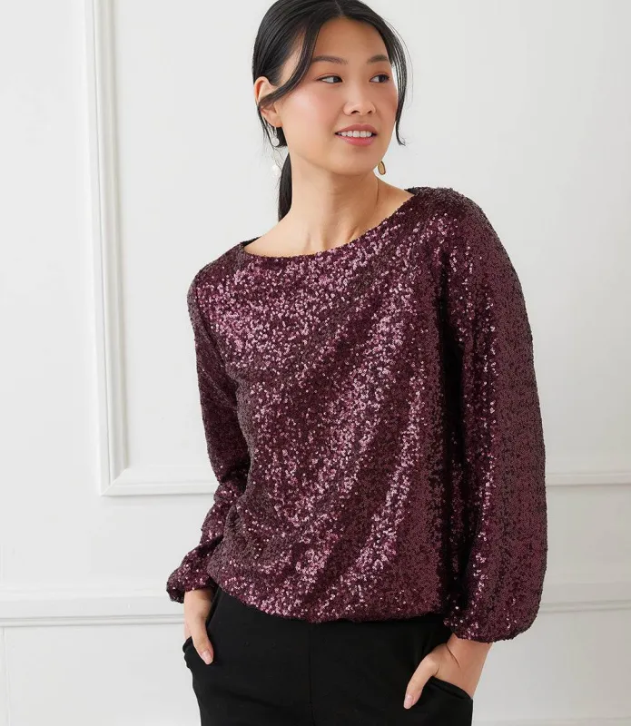 Blouson Sleeve Sequin Boatneck Top sold by Karen Kane