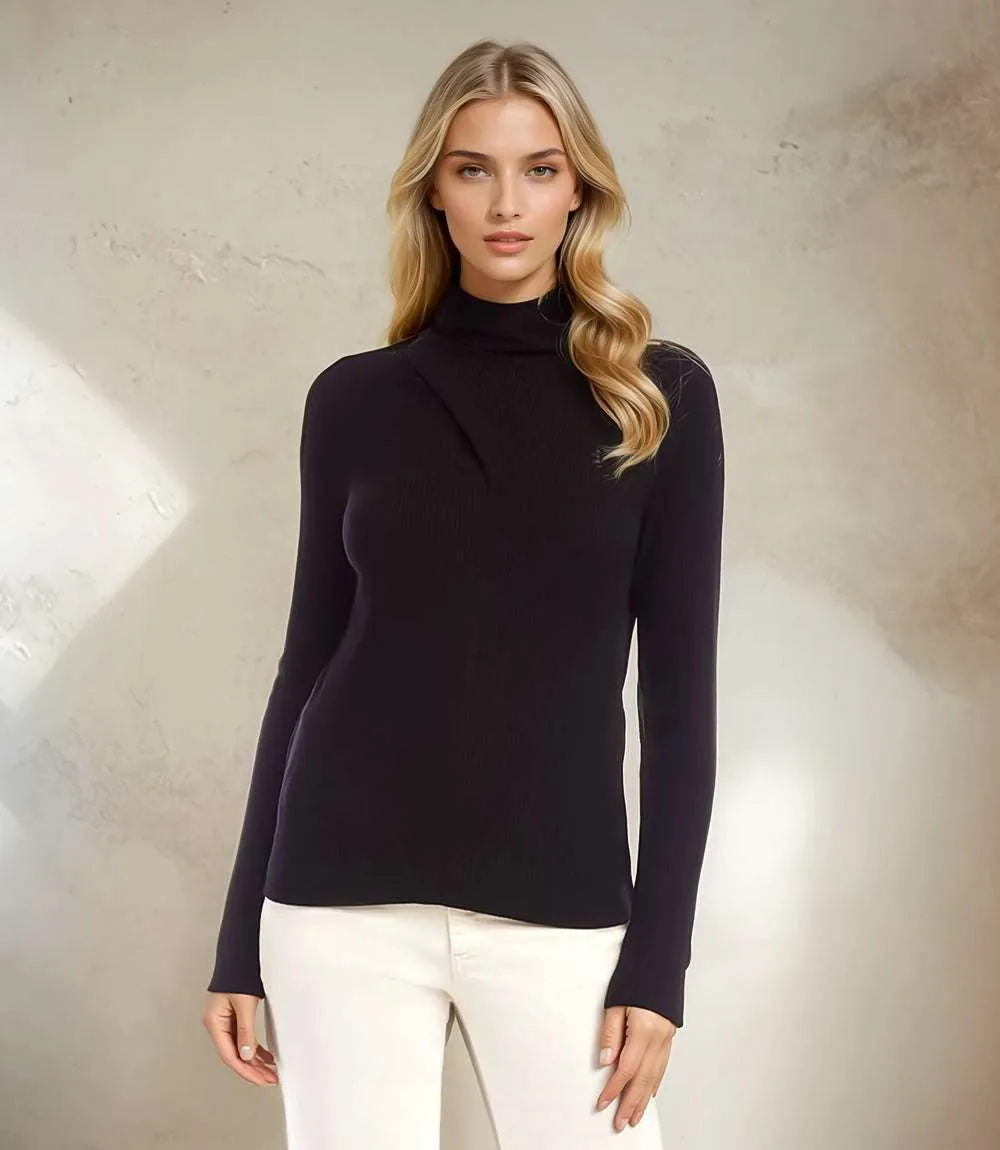 Ribbed Faux Wrap Turtleneck Top sold by Karen Kane