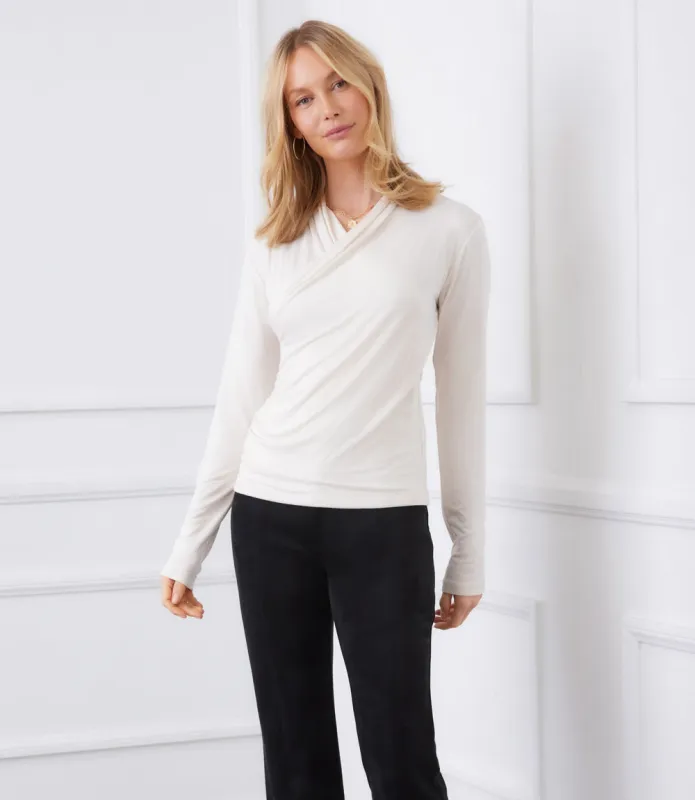 Petite Size Long Sleeve Crossover Side-Shirred Top sold by Karen Kane