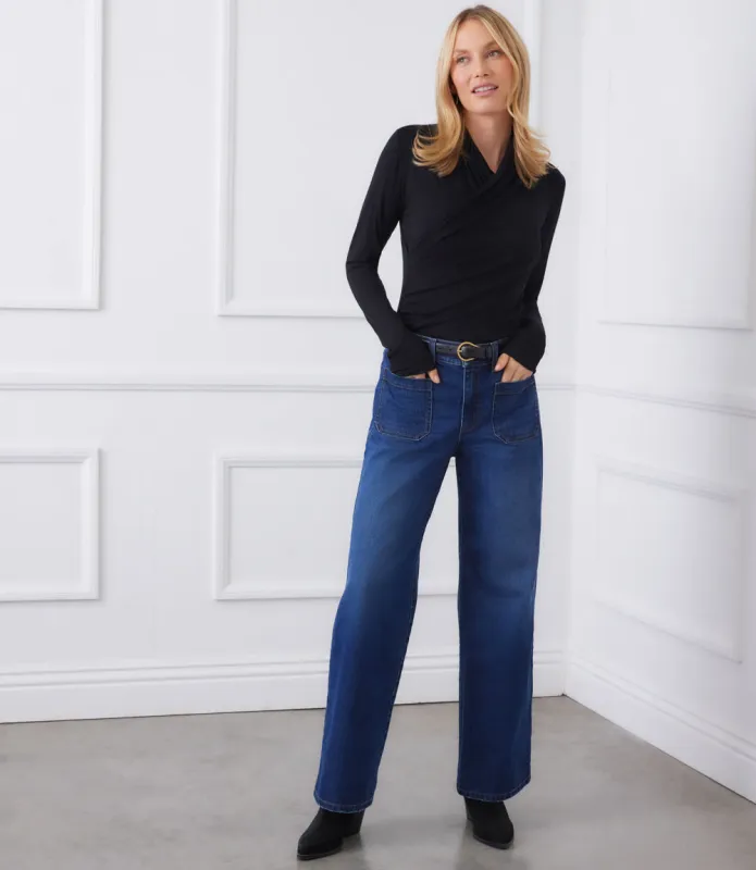 Petite Size Long Sleeve Crossover Side-Shirred Top made by Karen Kane
