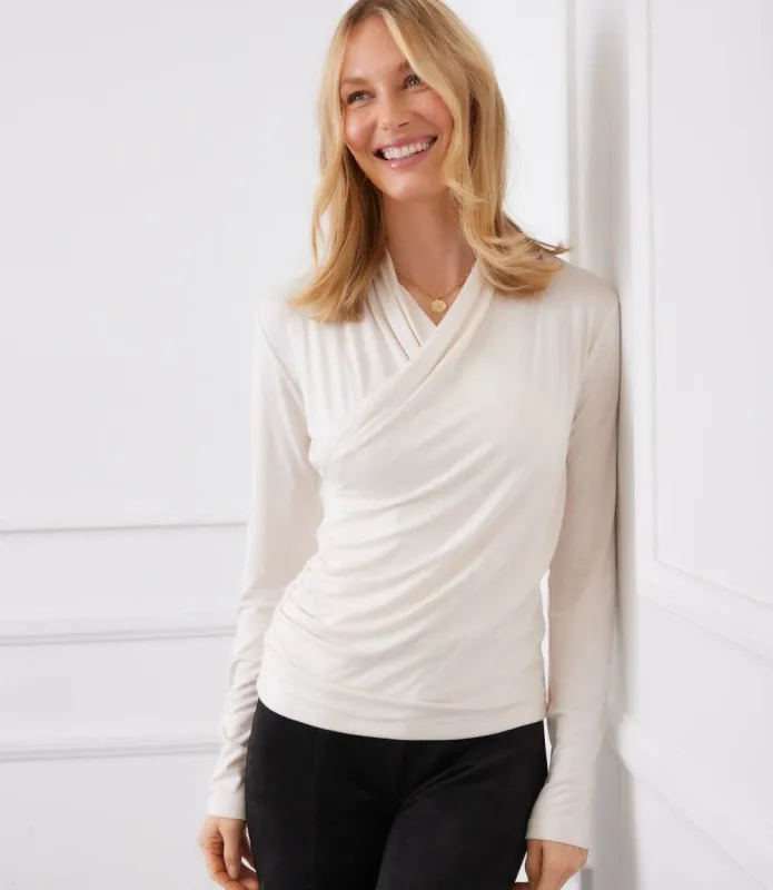 Long Sleeve Crossover Side-Shirred Top sold by Karen Kane