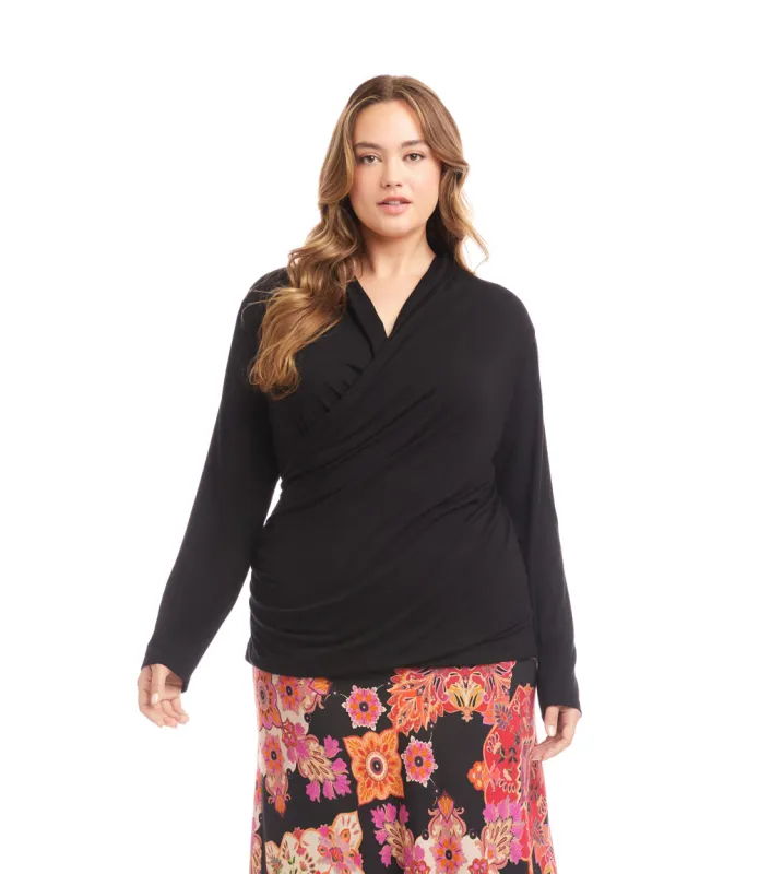 Plus Size Long Sleeve Crossover Side-Shirred Top made by Karen Kane