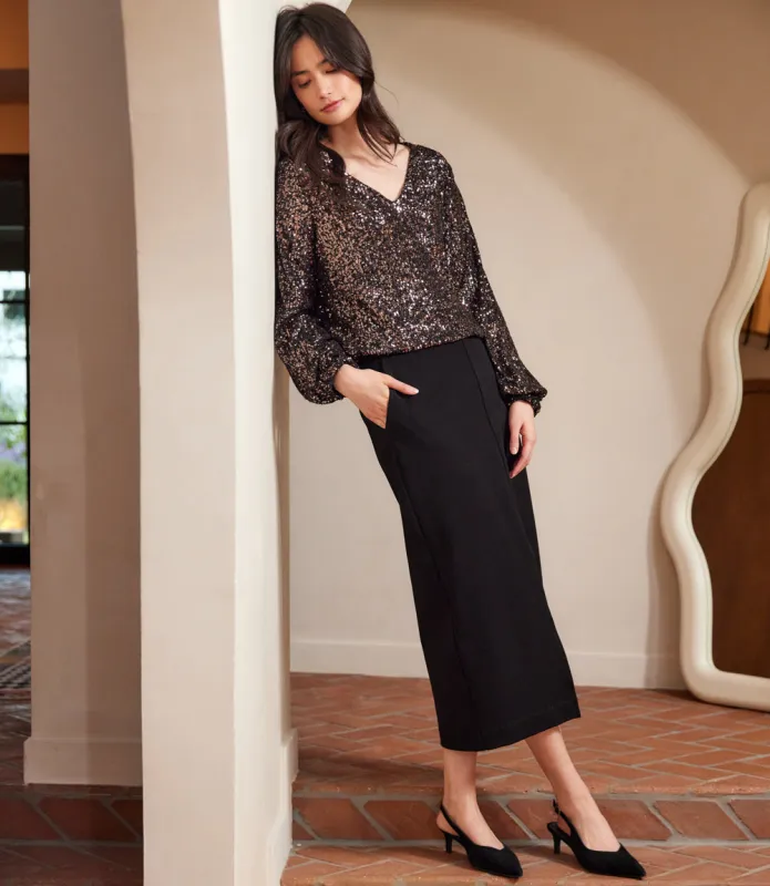 Blouson Sleeve Sequin V-Neck Top sold by Karen Kane