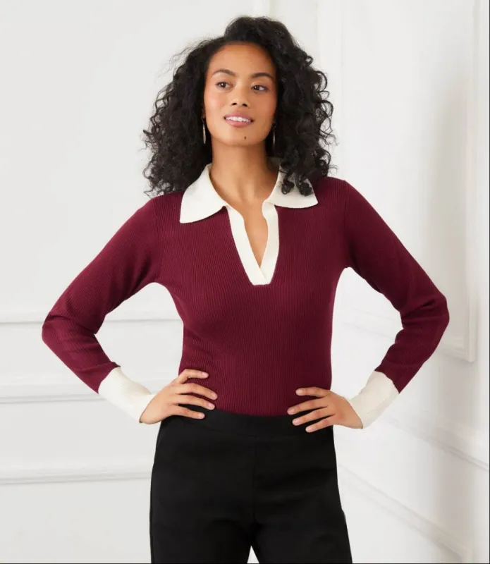 Contrast Ribbed Polo Sweater sold by Karen Kane
