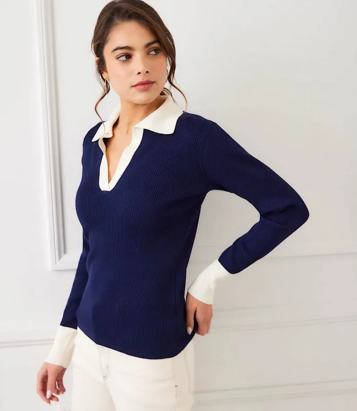 Contrast Ribbed Polo Sweater sold by Karen Kane