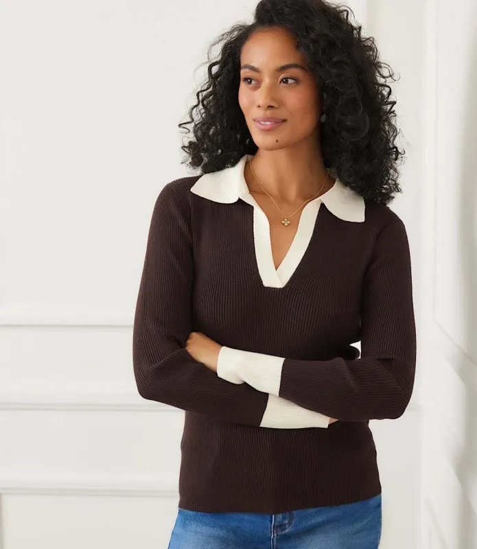 Contrast Ribbed Polo Sweater sold by Karen Kane