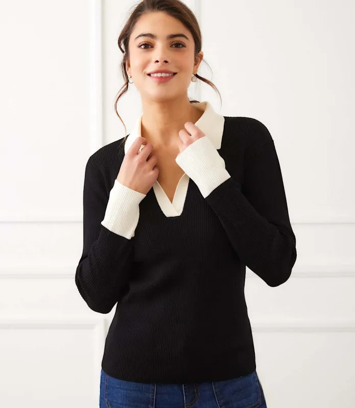 Contrast Ribbed Polo Sweater made by Karen Kane