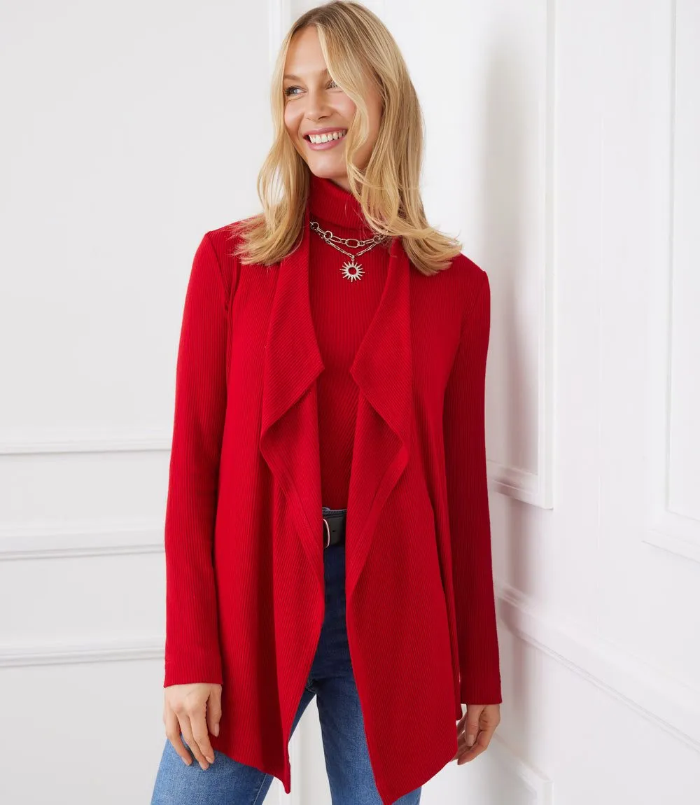 Long Sleeve Ribbed Drape Front Cardigan sold by Karen Kane