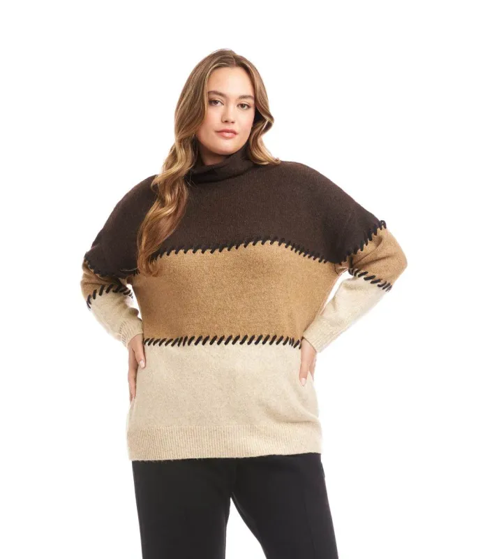Plus Size Contrast Stitch Mock Neck Colorblock Sweater made by Karen Kane