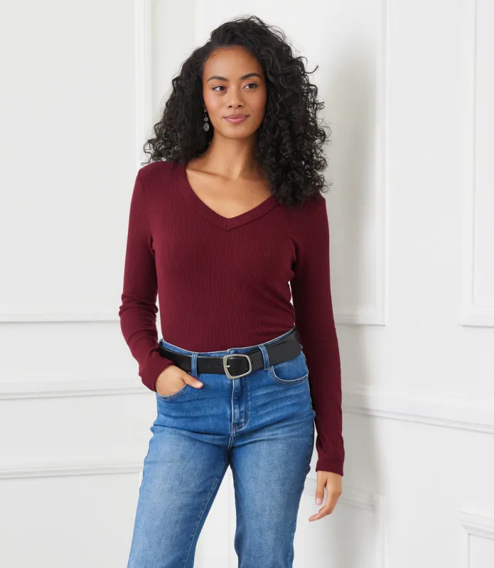 Petite Size Long Sleeve Ribbed V-Neck Top sold by Karen Kane