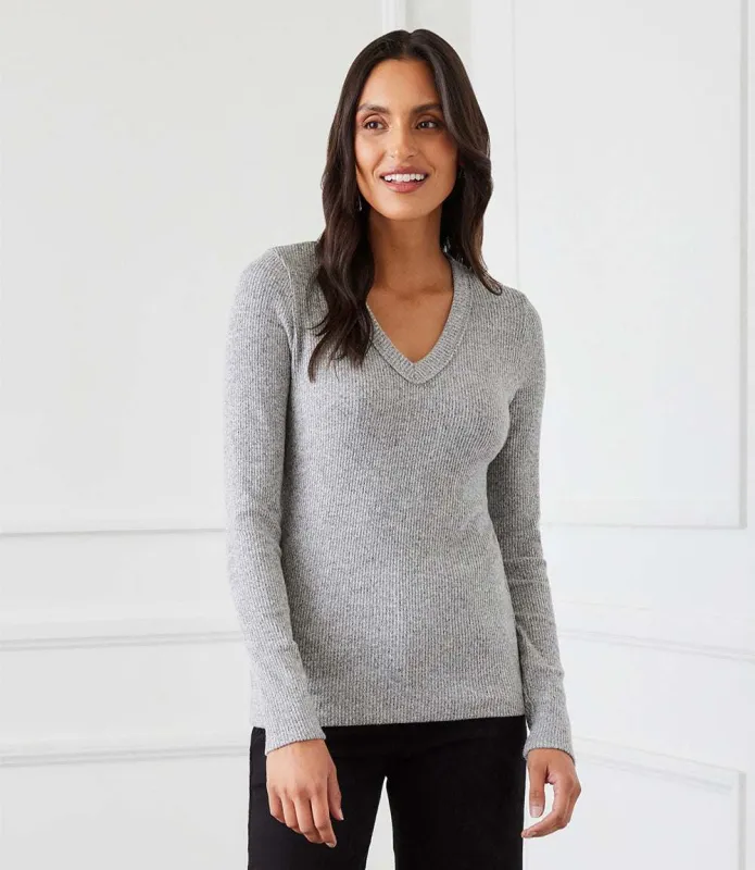 Petite Size Long Sleeve Ribbed V-Neck Top made by Karen Kane