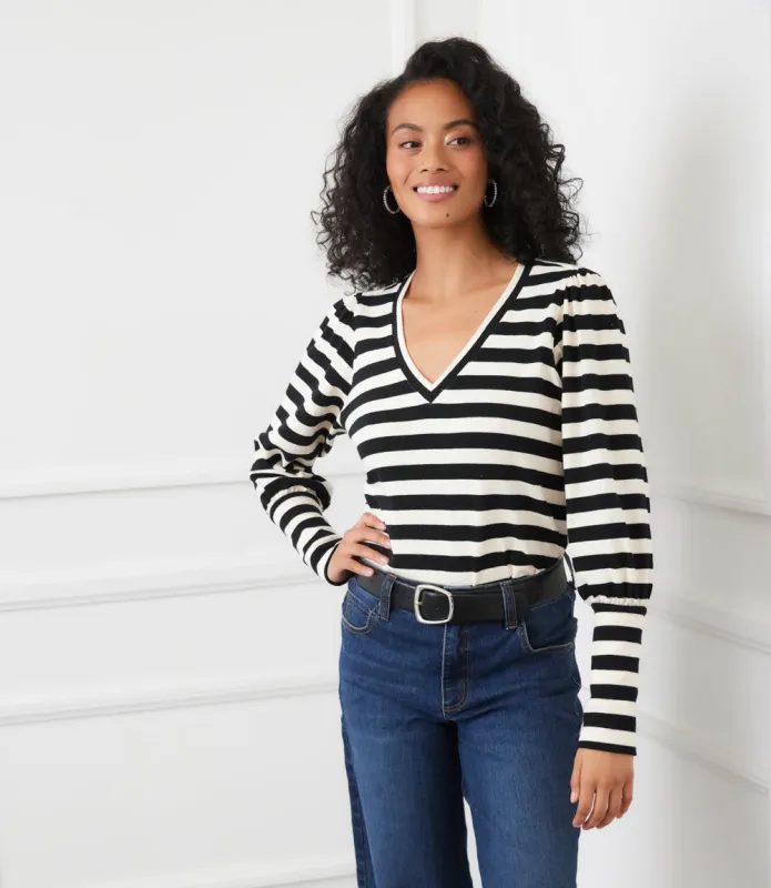 Petite Size Stripe Bishop Sleeve V-Neck Top sold by Karen Kane
