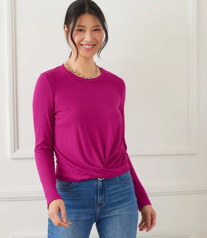 Ribbed Long Sleeve Drape Front Crossover Top made by Karen Kane