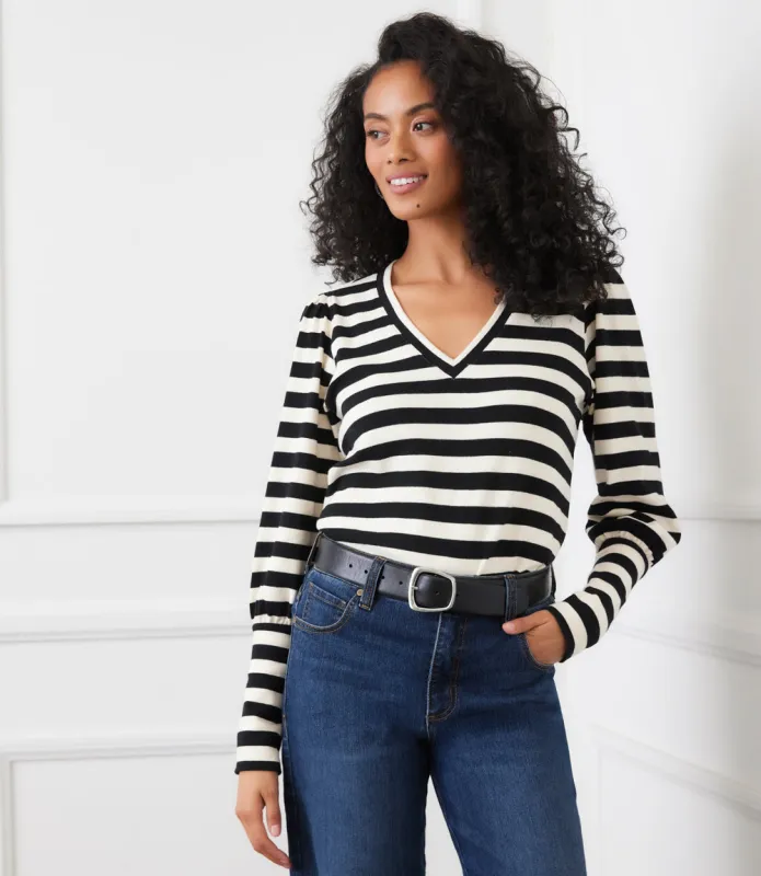 Stripe Bishop Sleeve V-Neck Top sold by Karen Kane