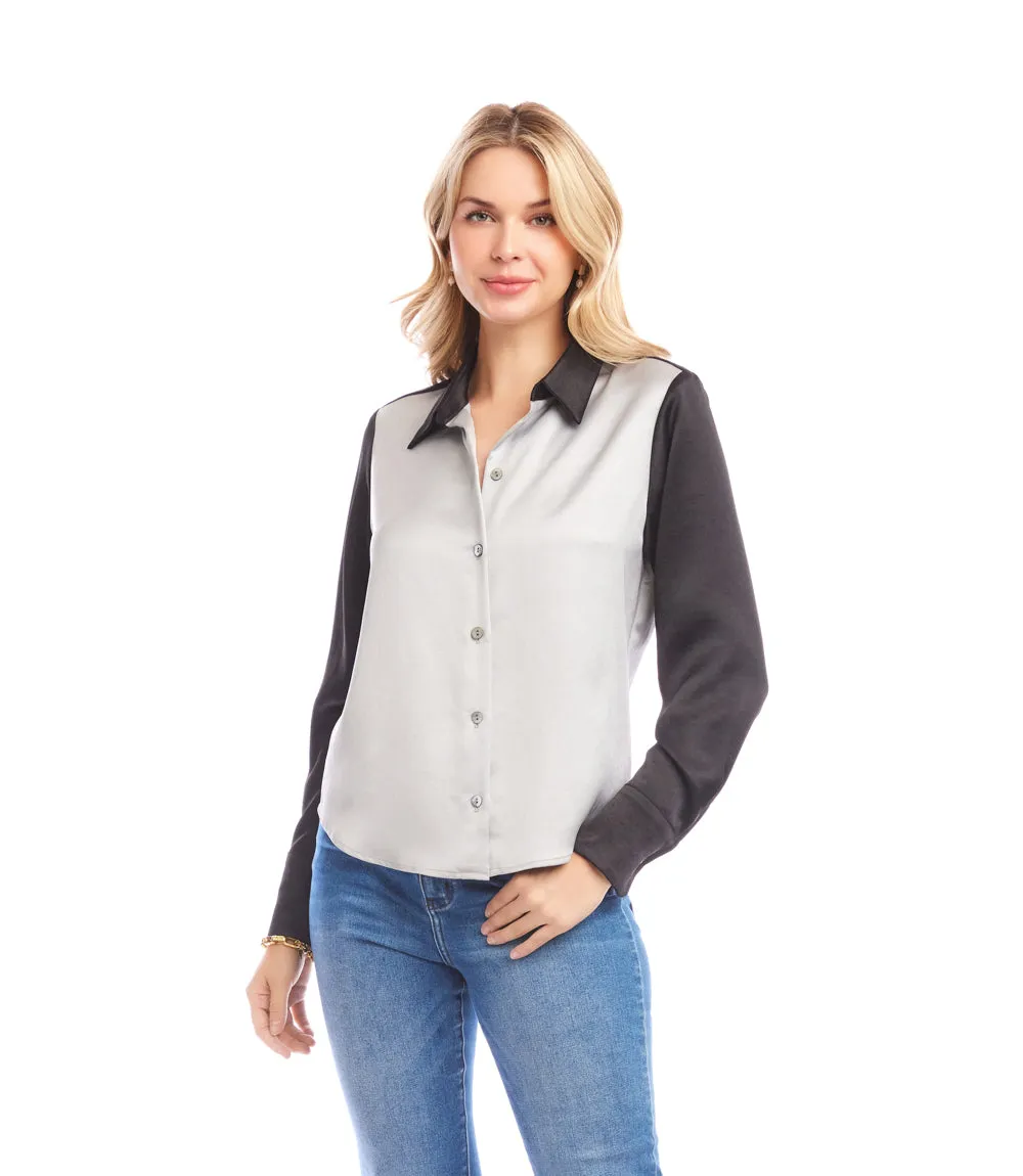 Long Sleeve Satin Colorblock Shirt sold by Karen Kane product image thumbnail 3