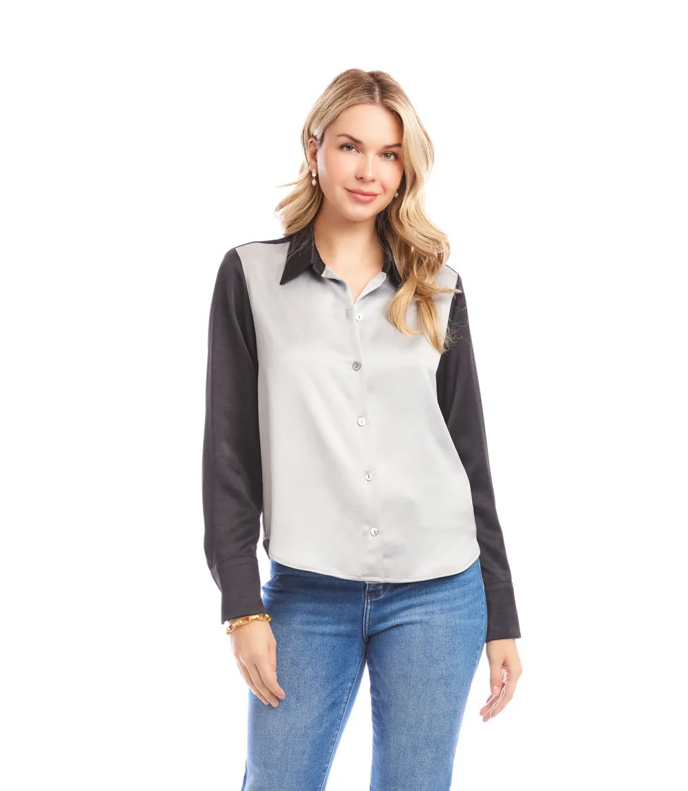 Long Sleeve Satin Colorblock Shirt sold by Karen Kane product image thumbnail 2