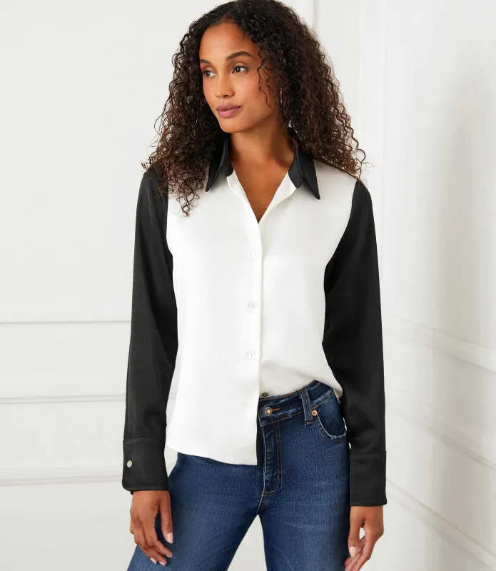 Long Sleeve Satin Colorblock Shirt sold by Karen Kane
