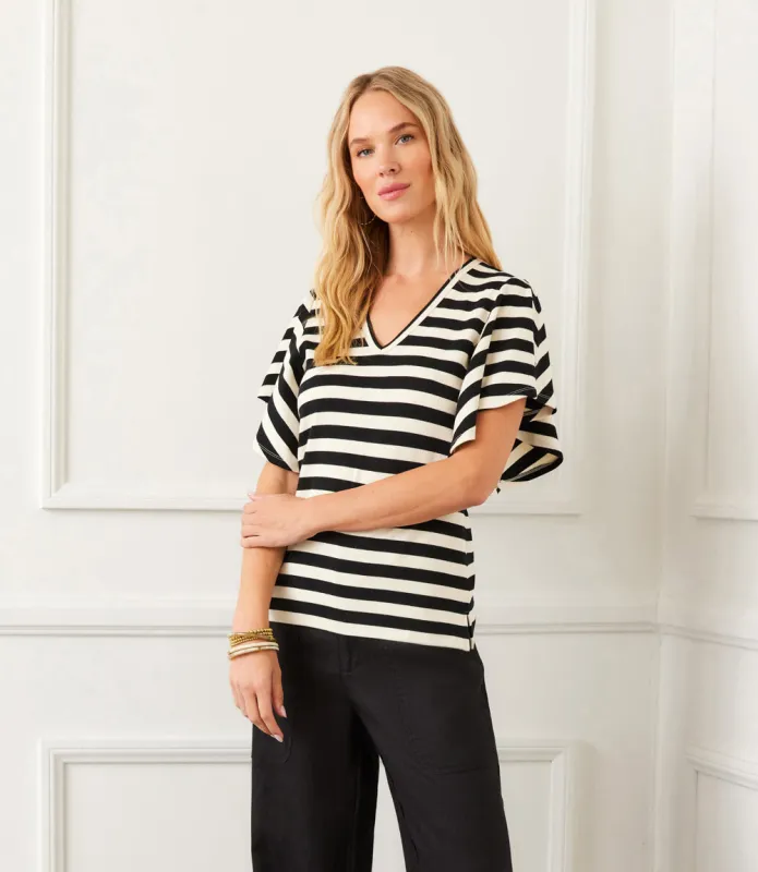 Stripe Flutter Sleeve V-Neck Top made by Karen Kane