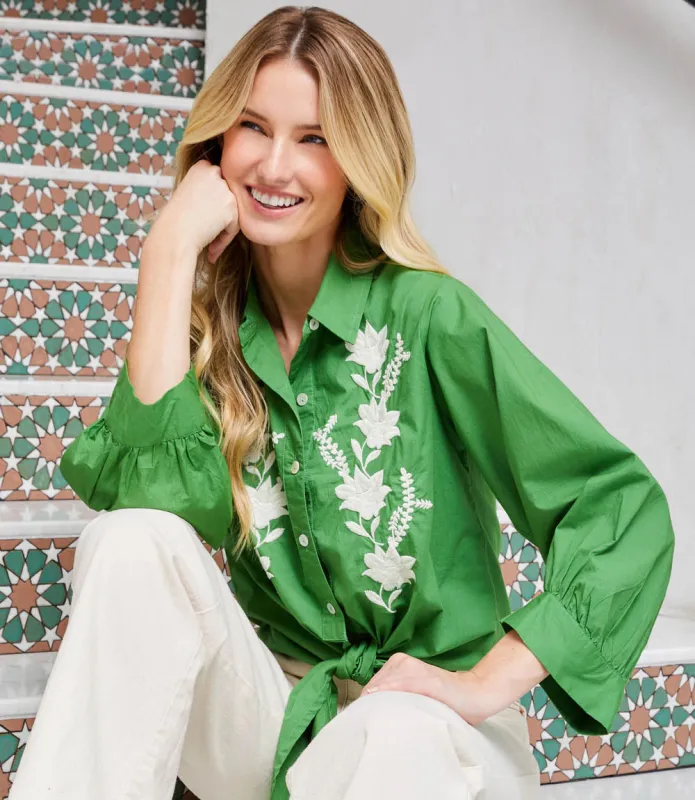 Blouson Sleeve Embroidered Tie-Front Top sold by Karen Kane