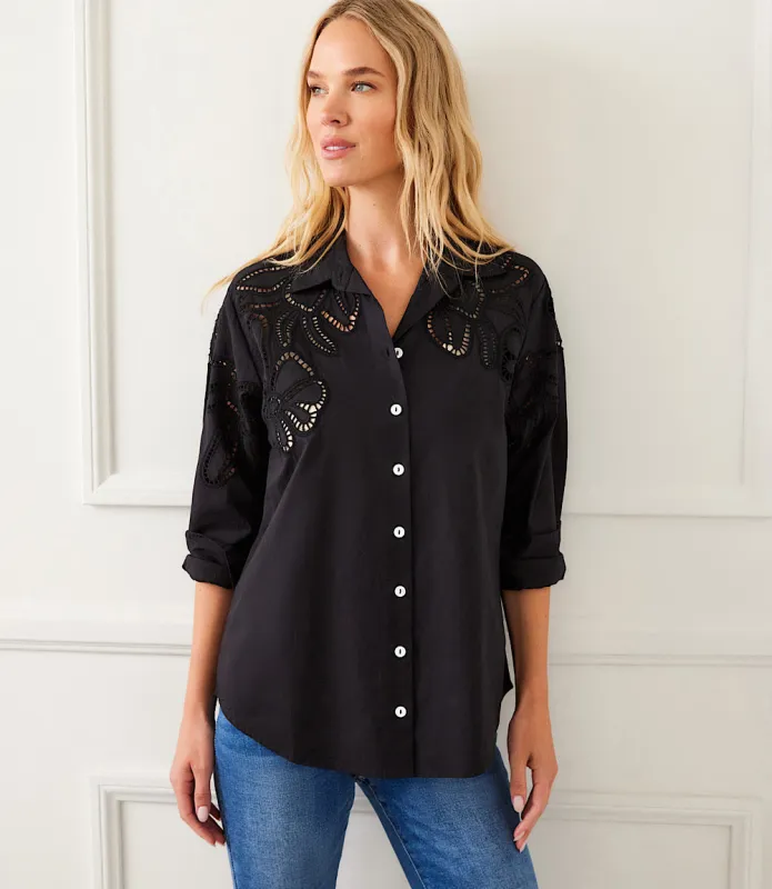 Long Sleeve Cutout Embroidery Shirt sold by Karen Kane
